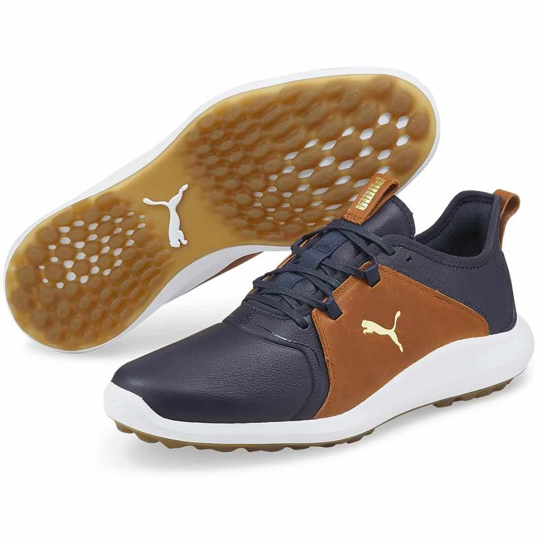 Puma Ignite Fasten8 Crafted Golf Shoes Navy Blazer/Gold/Leather Brown - Image 3