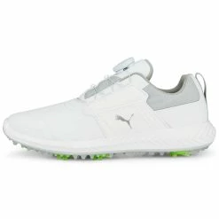 Puma Juniors Ignite PWRCAGE Golf Shoes White/Metallic Silver
